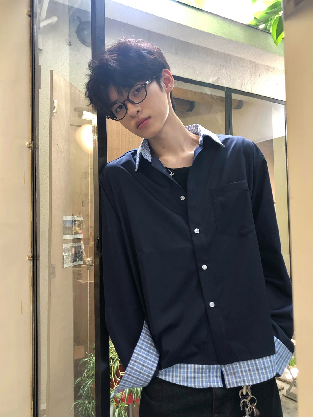 

Blue Plaid Long Sve irt Men's Autumn Season Splicing Cleanfit Outerwear Fake Two-Piece Loose Fit Boys' Clothing