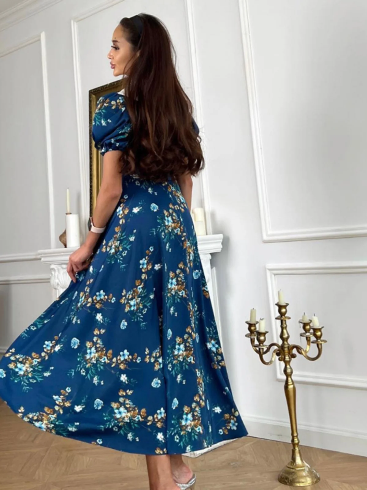 Or Sve – col de poupée imprimé Floral bleu, Long Dr pour femmes, printemps été, rue, taille haute, ligne a, Dr Bubble Sve