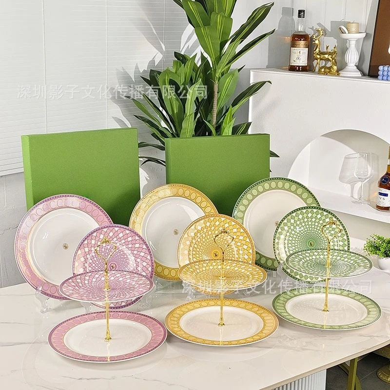 

High-End Luxury Style Bone China Plate Multi-Layer Fruit Plate Snack Plate Creative Home Ceramic Western Food Plate Flat Plate