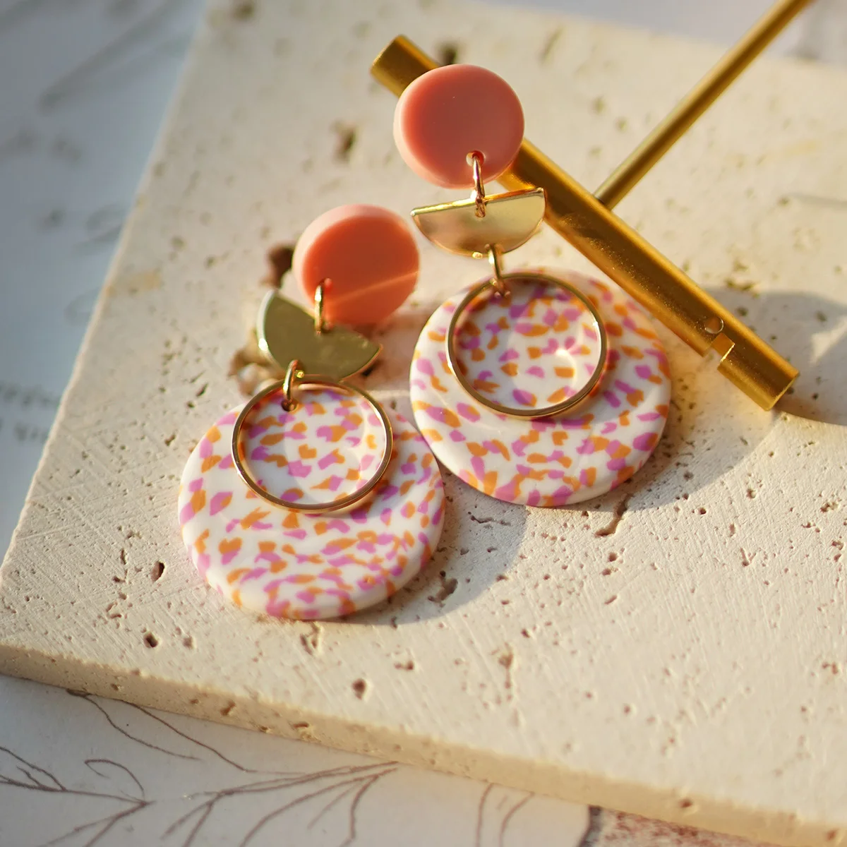 Multi-Color Polymer Clay round Disc Earrings with Trendy Metal Chip Rings Dangle Dots for Women Fashionable Daily Party Accessor