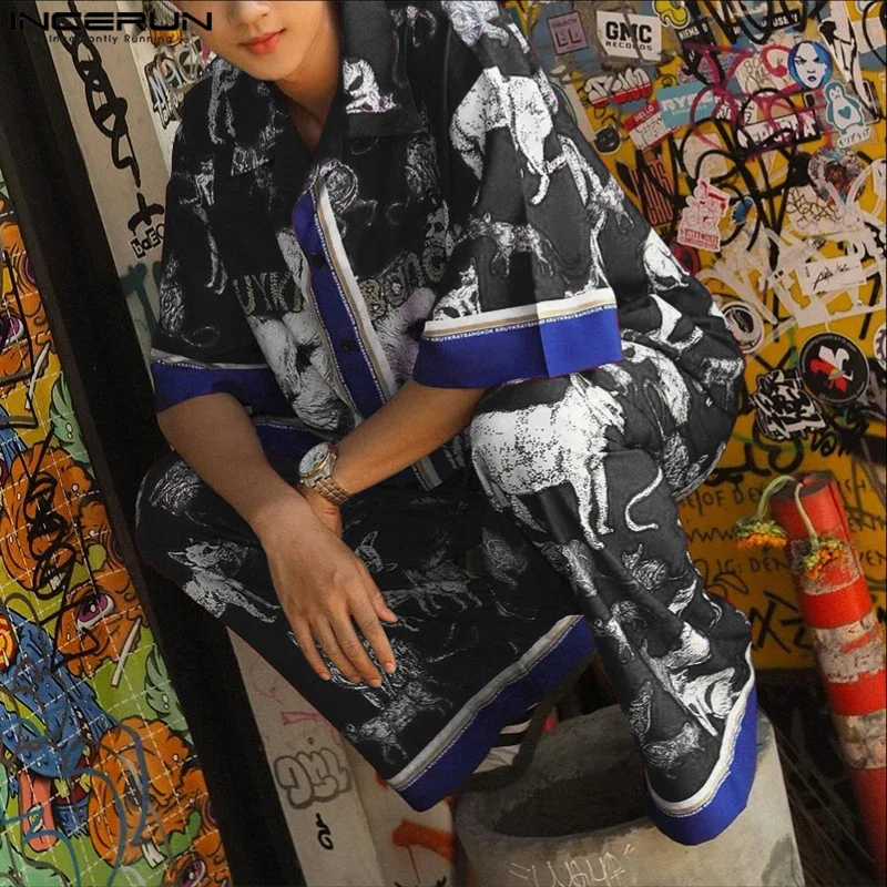 Incerun conjuntos masculinos impressão retalhos lapela manga curta camisa & calças duas peças define verão solto férias casuais ternos masculinos