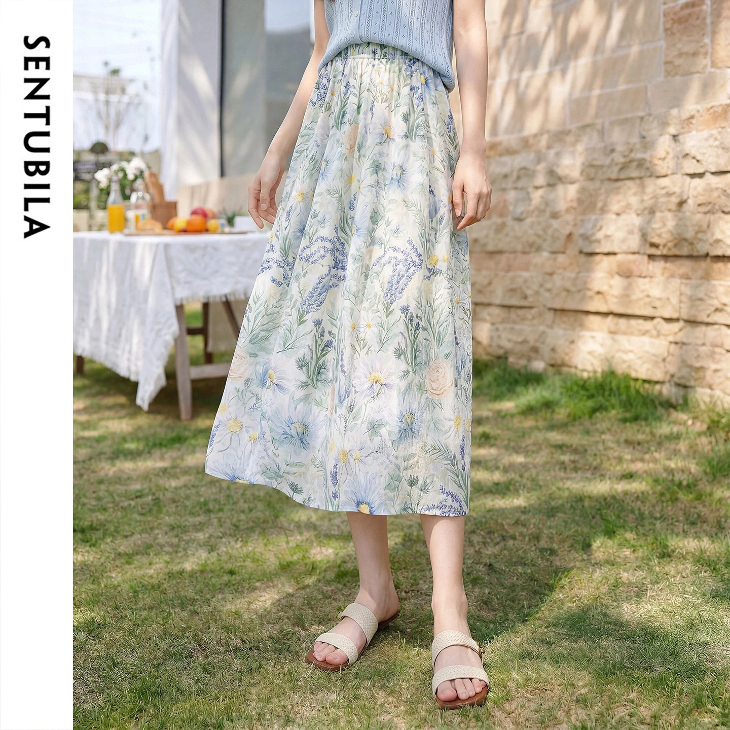 SENTUBILA 100% Cotton Floral Print Skirt Women 2026 Summer French Country Style Lady Holiday Beach Vacation Midi Skirt 162QA7634