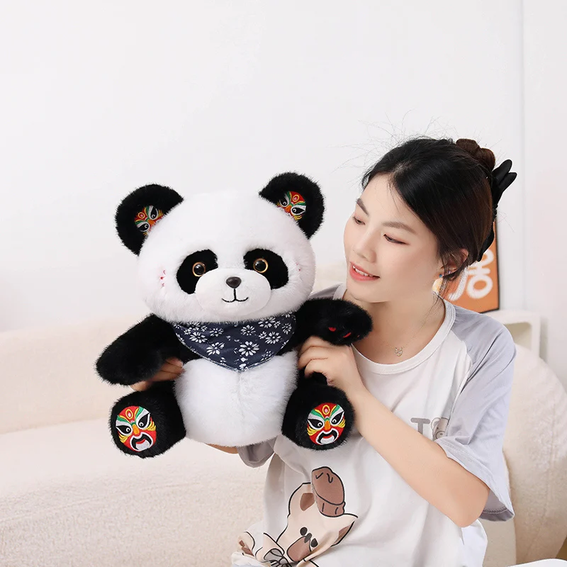 Panda Plush Toy Multi Size 25cm 35cm Chinese Opera Mask Stuffed Animal with Floral Bandana for Bedroom Holiday Gift