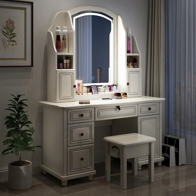 Light luxury solid wood dresser bedroom modern simple white makeup table mirror with lamp makeup table