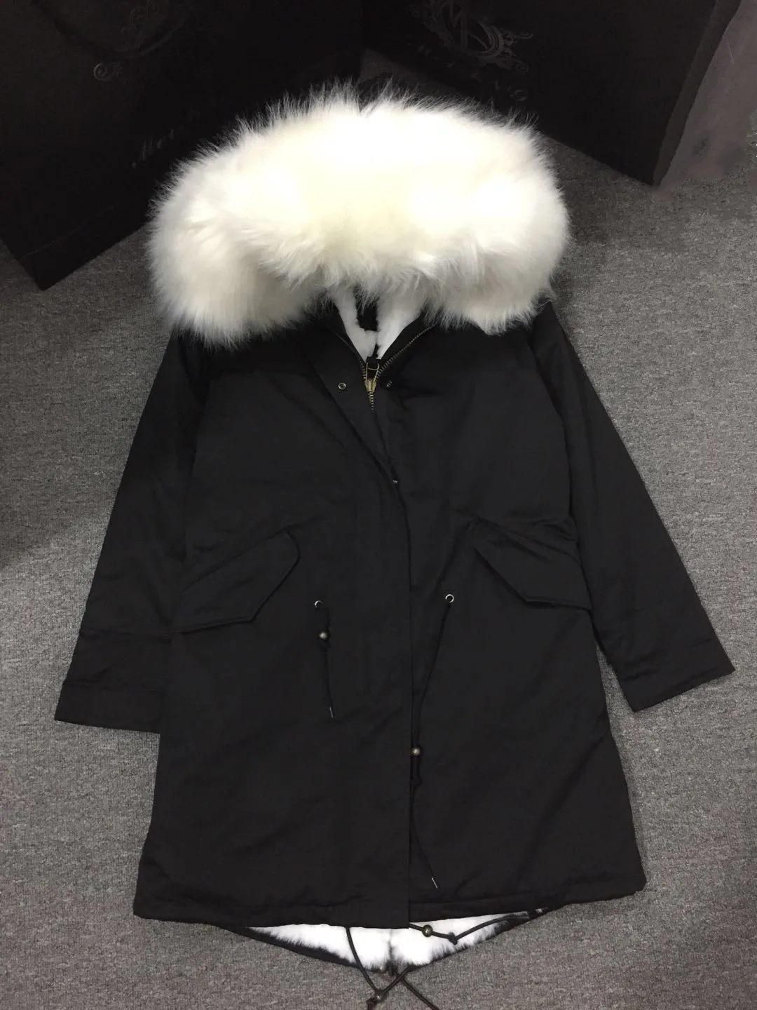 Pure White All Faux Fur Lining&Collar Long Parka With Black Cotton Out Shell For Women And Men