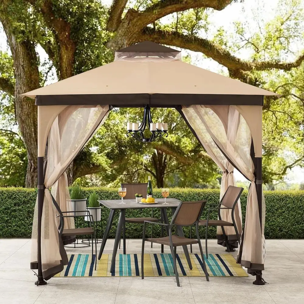 

Two-Tier Roof Steel Gazebo with Ceiling Hooks, Mosquito Netting in Tan & Brown
