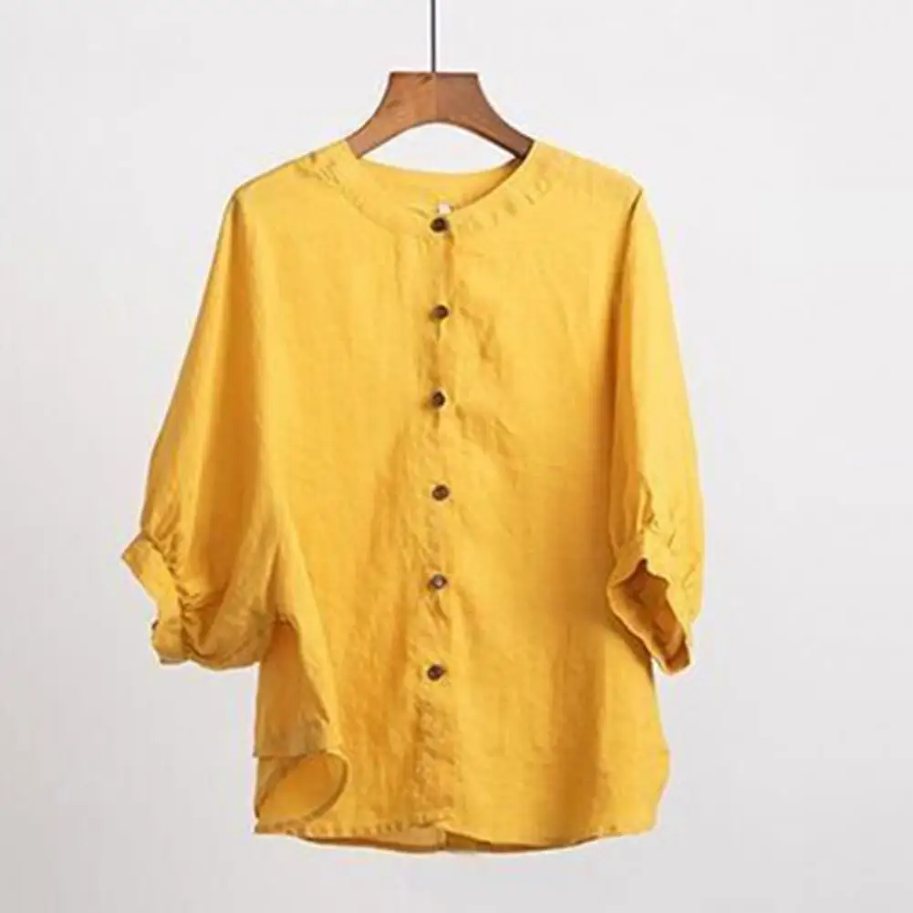 

2026 Women Shirt Retro Half Lantern Sleeves Ruffle Cuffs O Neck Summer Solid Loose Fit Casual Ladies Blouse Top Dating Wear