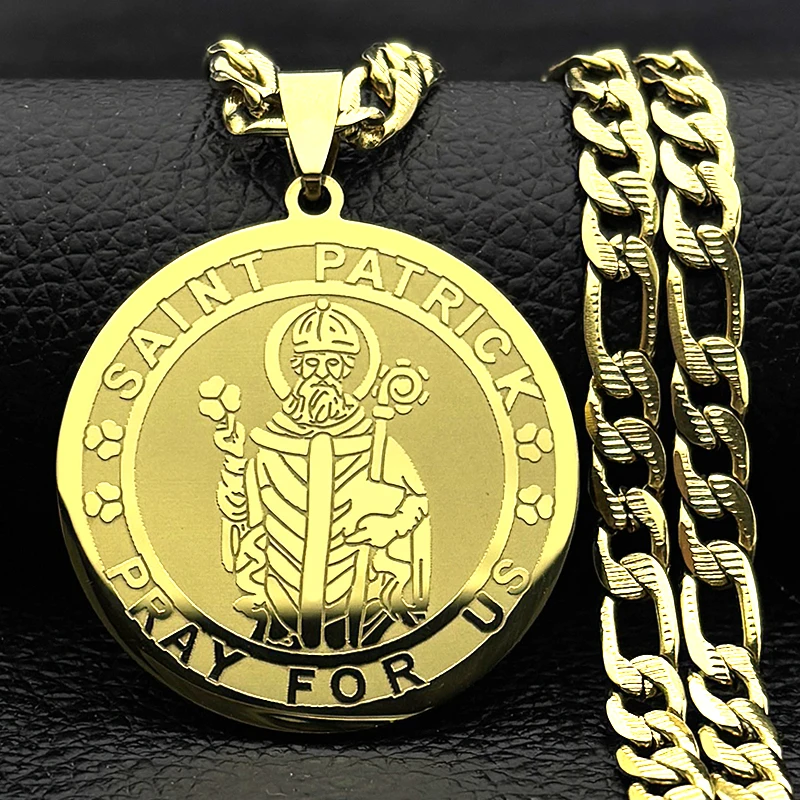 SAINT PATRICK PRAY FOR US Medal Pendant Necklace for Women Men Stainless Steel Gold Color Christian Amulet Ireland Jewelry Gift