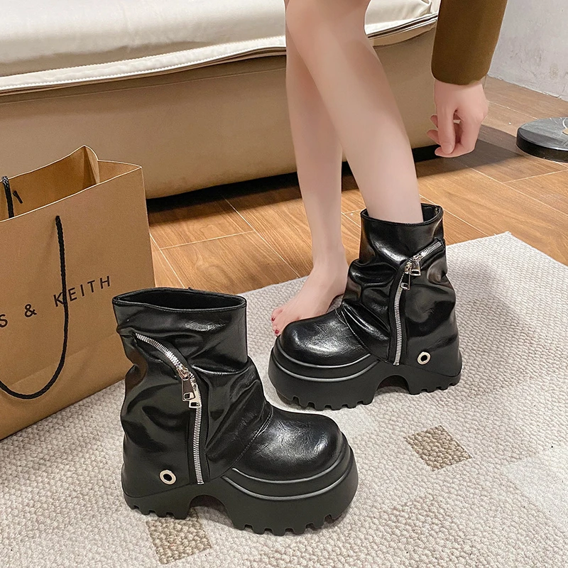 الشتاء منصة سميكة وحيد امرأة حذاء من الجلد تصميم حزام مشبك الانزلاق على الأحذية فاسق نمط الجلود فارس قصيرة Bottes فام #2