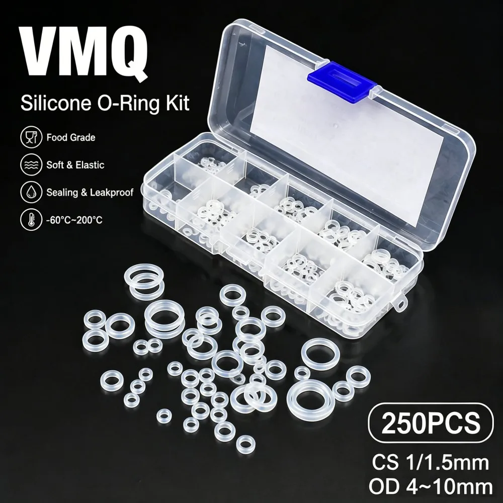 250Pcs Food Grade VMQ Silicone O Ring Kit White High Temp Non-Toxic Waterproof Sealing Gaskets OD4-10mm Home Industrial Use