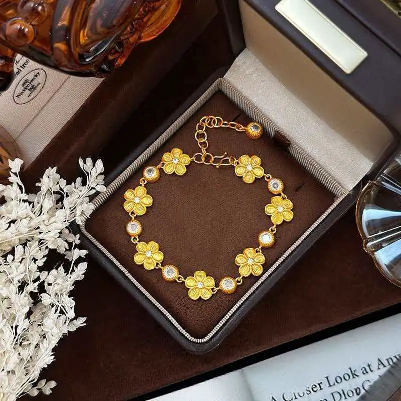 

Luxury 24K Gold AU999 Diamond Inlaid Brushed Bubble Peach Blossom Bracelet for Women, premium gold jewelry for gift