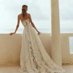 Personalisierte, transparente schillernde Brautkleider, eine Linie, Spitzensammlungen und Satin für Ihren besonderen Tag 12 Hauptverkaufs -Satin -Brautkleid - №10