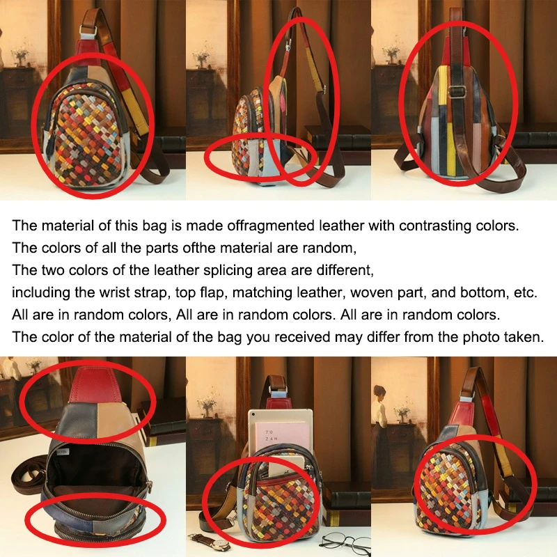 Genuine Leather Colorful Woven Chest Bag Women Retro Patchwork Sling Bag Bohemian Crossbody Travel Shoulder Sling Backpack