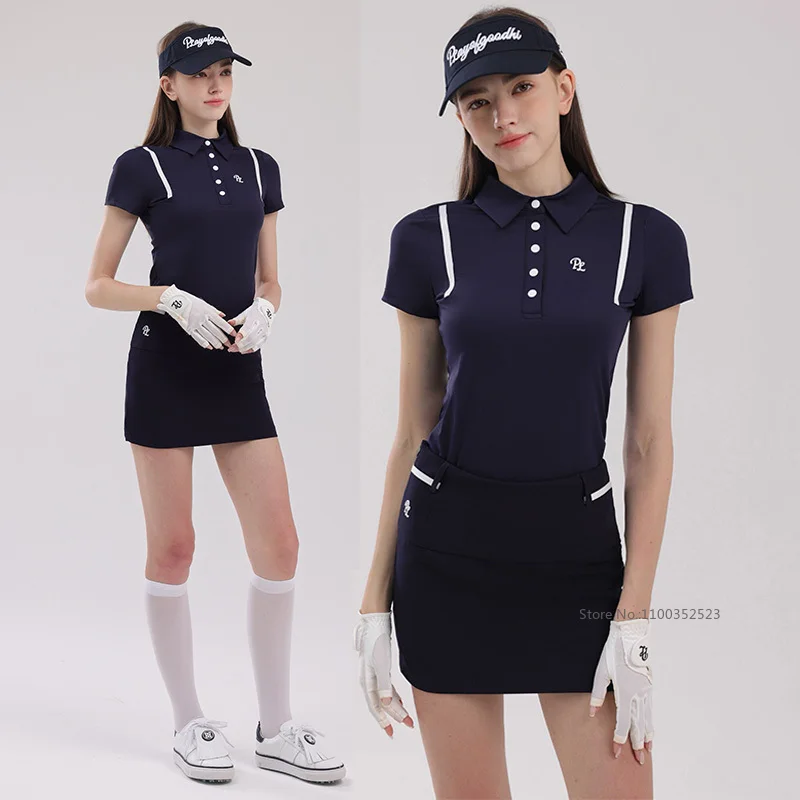 PL New Golf Short Sleeve T-shirt Women Golf Polo Shirts Quick-drying Breathable Buttons Lapel Top Short Skirt Golf Pencil Skorts