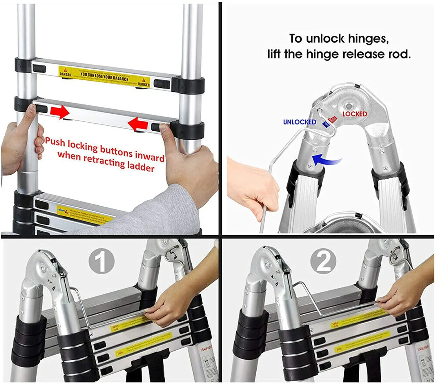 3.8m/ 5m Folding Telescopic Ladder A-Frame, Alloy Aluminum/ Stainless Steel, Non-Slip, Stable, 150KG  LoadCapacity, EN131