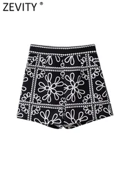 ZEVITY 2024 Women Fashion White Floral Print Slim Shorts Lady Side Zipper Hot Shorts Chic Pantalone Cortos P6291