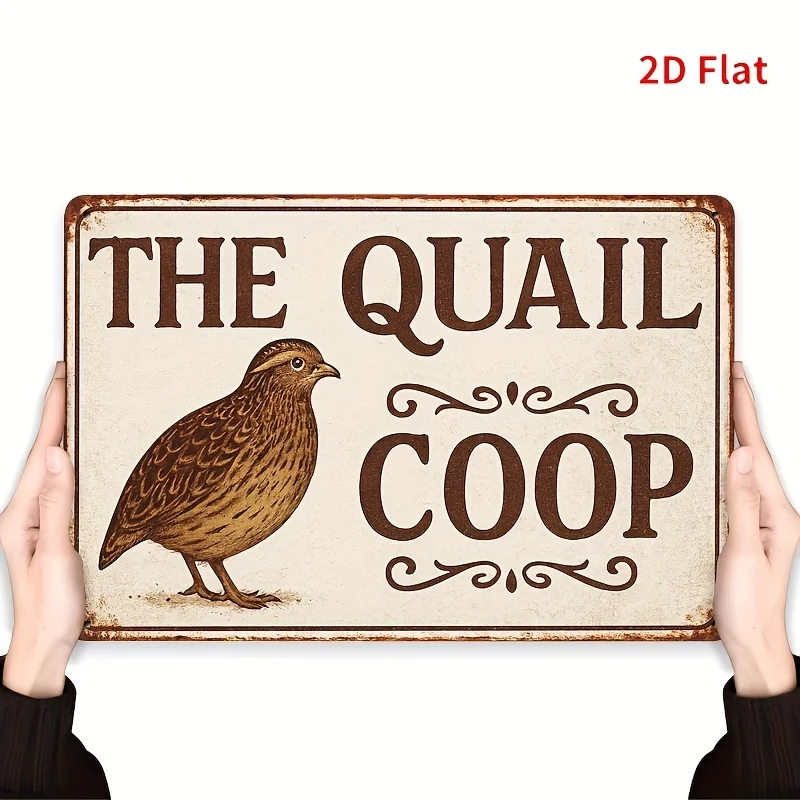 Vintage Farmhouse Metal Wall Decor - THE QUAIL COOP Sign with Brown Quail - Rustic Beige & Brown Country Decoration - Easy Ha
