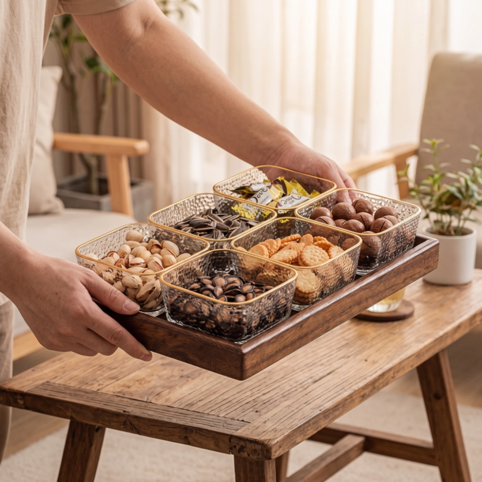 Serving Tray with Glass Bowls - đánh giá và giá Wooden Serving Tray