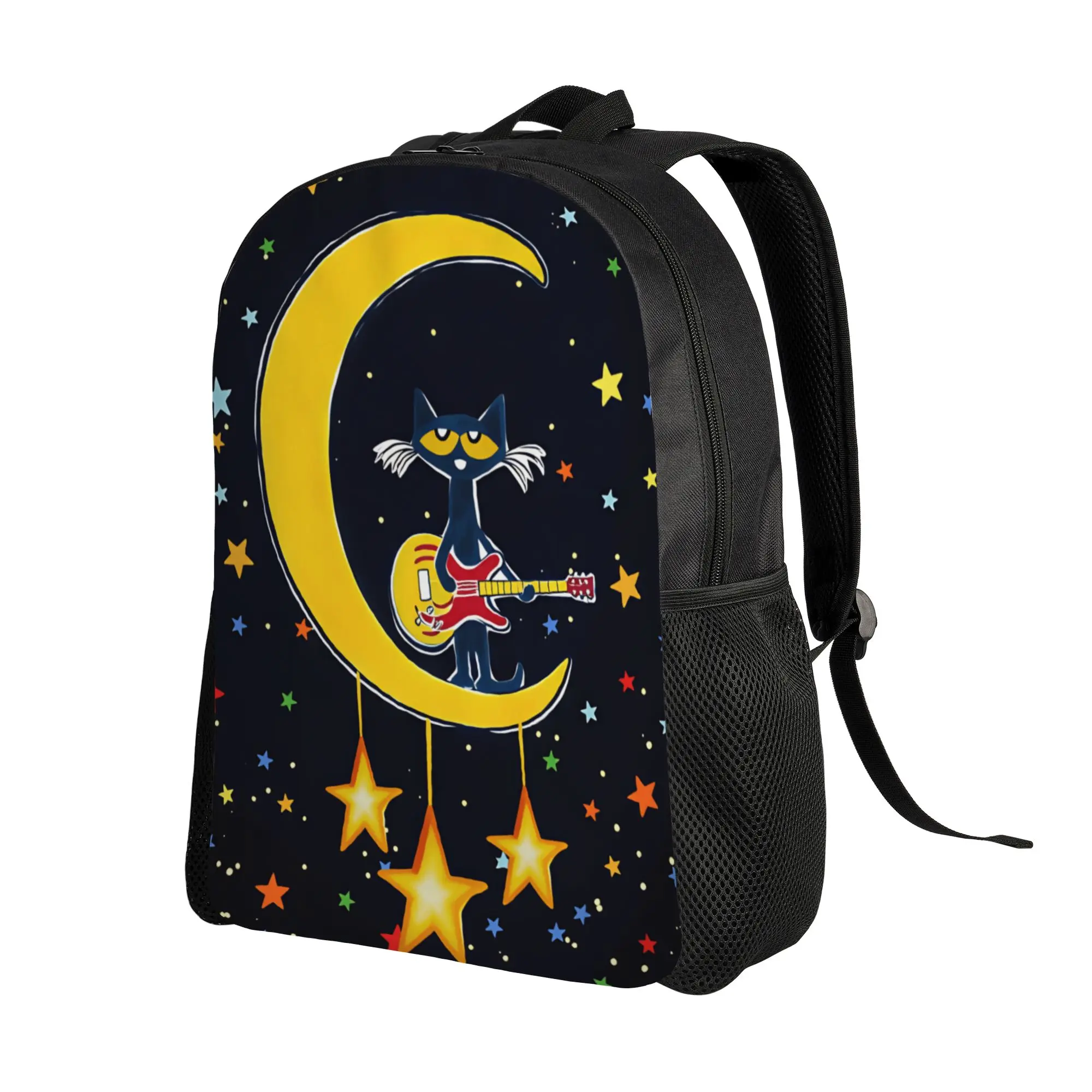 Petes the cat Playing The Guitar On the Moon Backpack Women Men  Breathable Backpacks Polyester Casual High School Bags