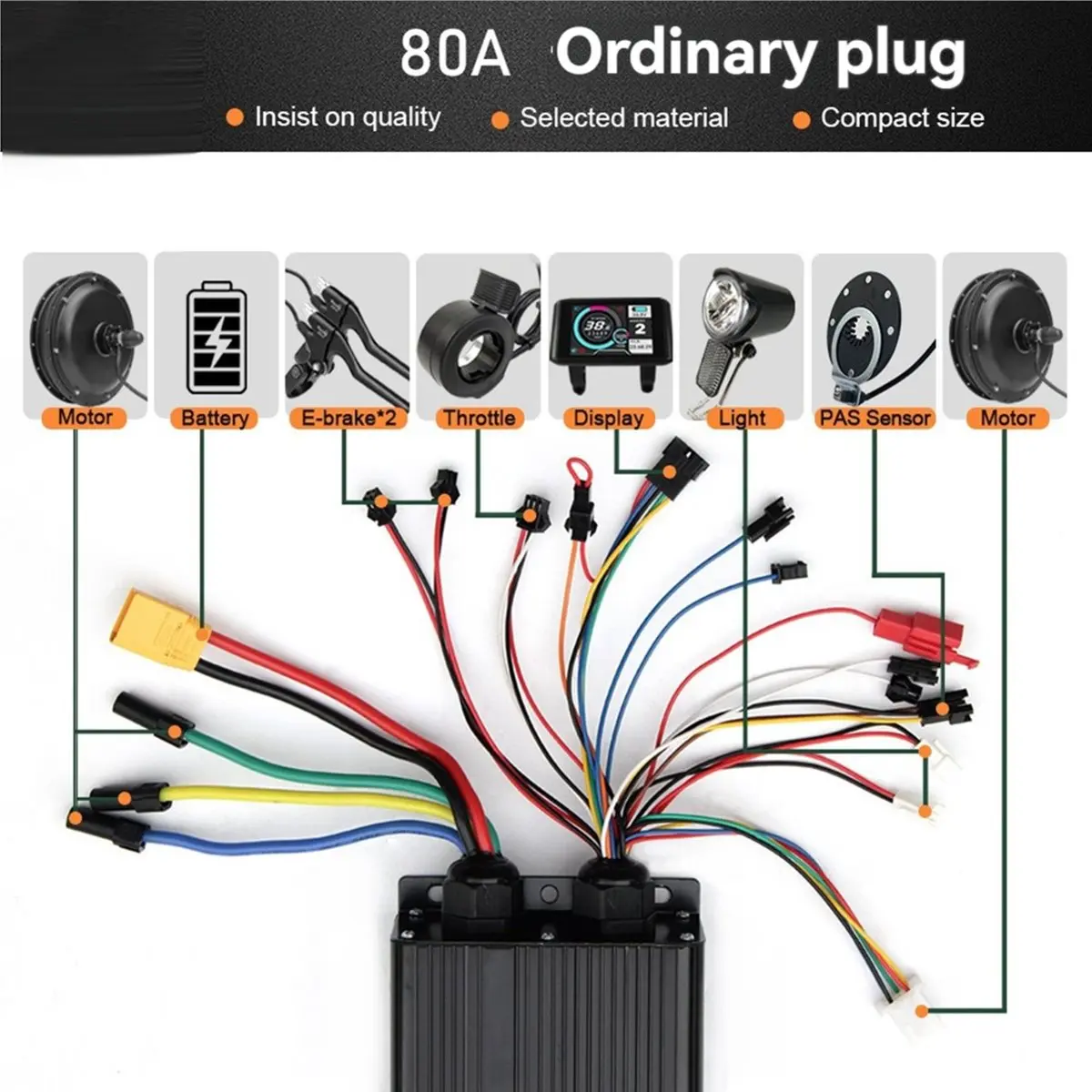 

(X07A) Electric Scooter Sine Wave/Square Wave Interchange Controller 48V-72V 80A Tri-Mode 18-Pole E-Bike Controller