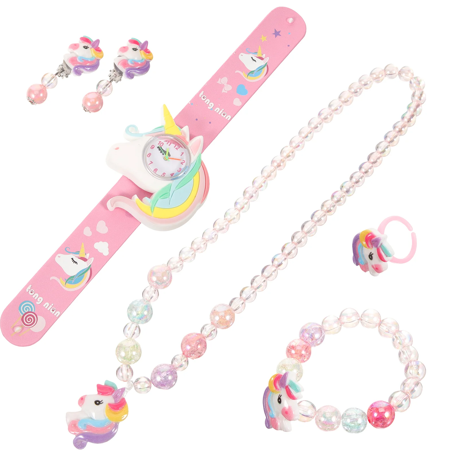 Nummer Modieuze Eenhoorn Leuke Siliconen Borgring + Armband Ketting Oorbellen Set Meisje Kind Kleine Geschenken Plastic Sieraden