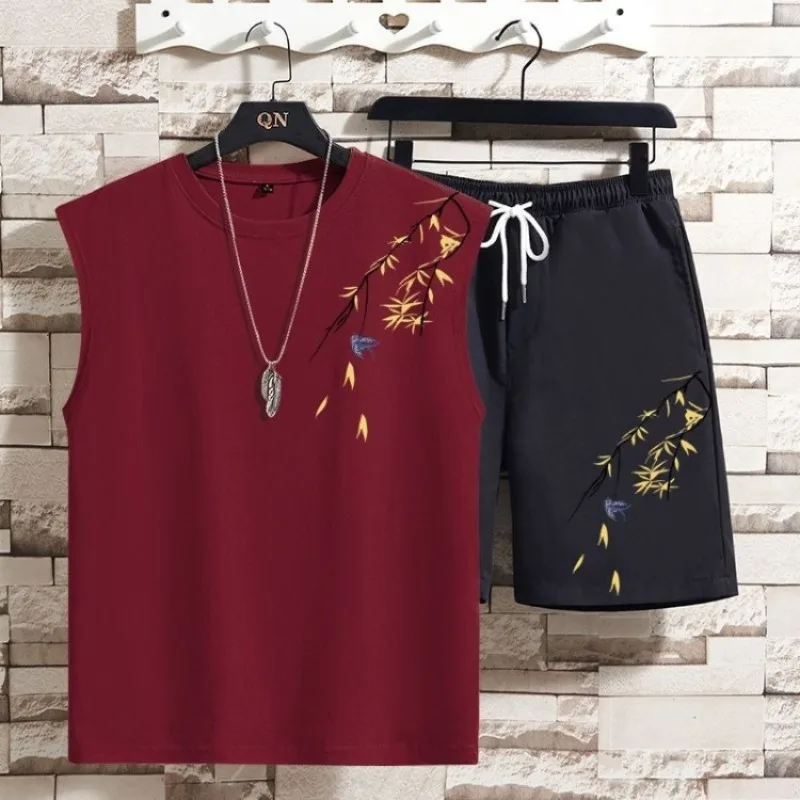 

Trendy Brand Men Summer Sleeveless Vest Set Chinese Style Bamboo Leaf Top Guochao Design Outfit