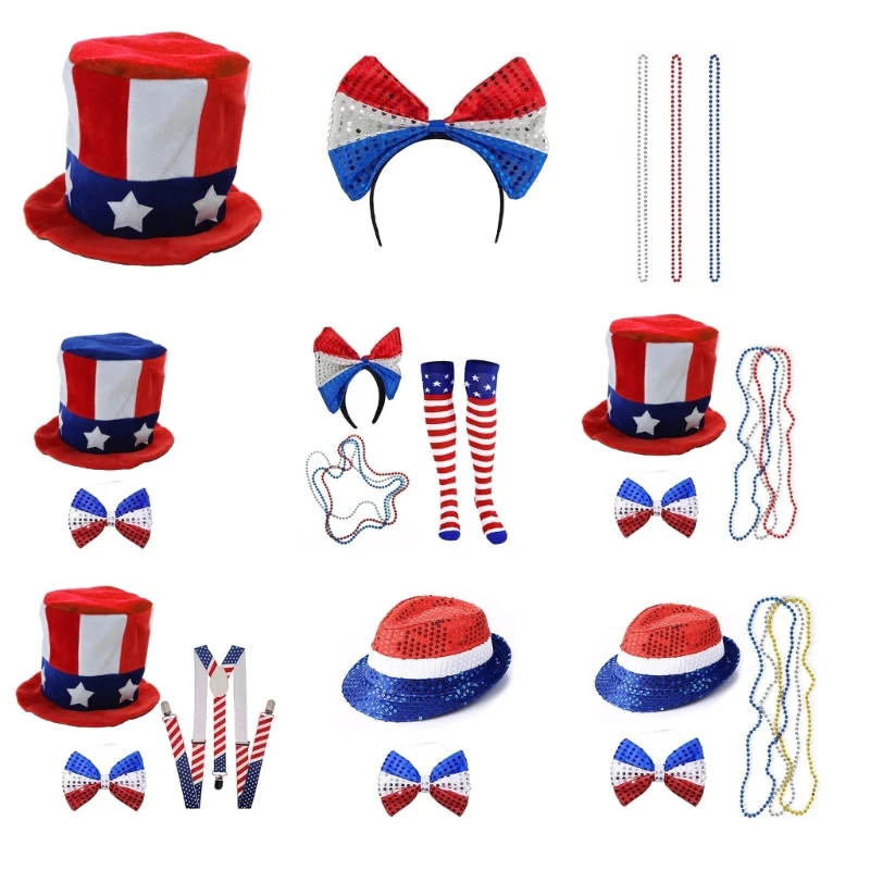 Independance Day Costume Uncle-Sam Accessories Top Hat Sequins Hat Headband Necklaces Stockings for Women & Men Dropship