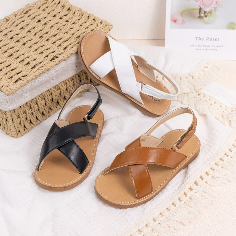 Summer New Buckle Beach Shoes Casual Fashion Cross Strap Boys And Girls Sandals Open Toe Soft Bottom Soft Leathers Roman Shoes