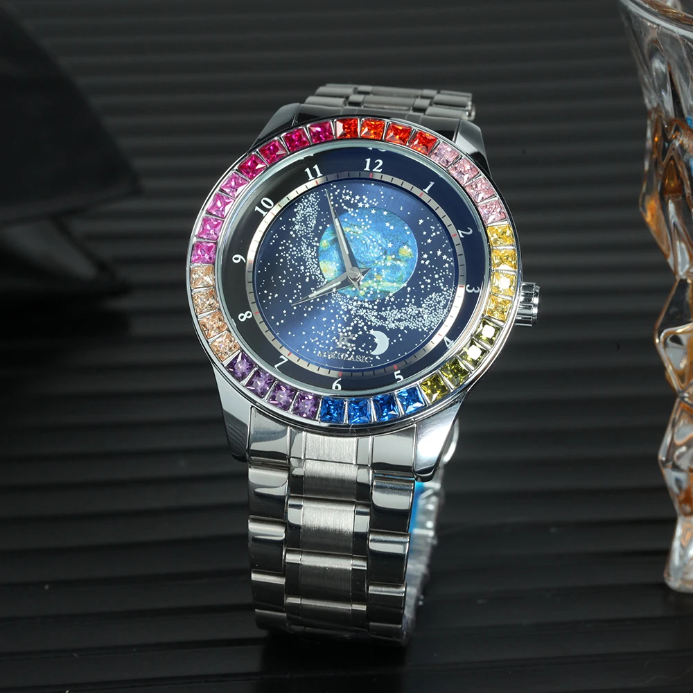AOKULASIC Luxury Starry Sky Luminous Mechanical Watch for Men Fashion Business Automatic Watches Stainless Steel Band Wristwatch