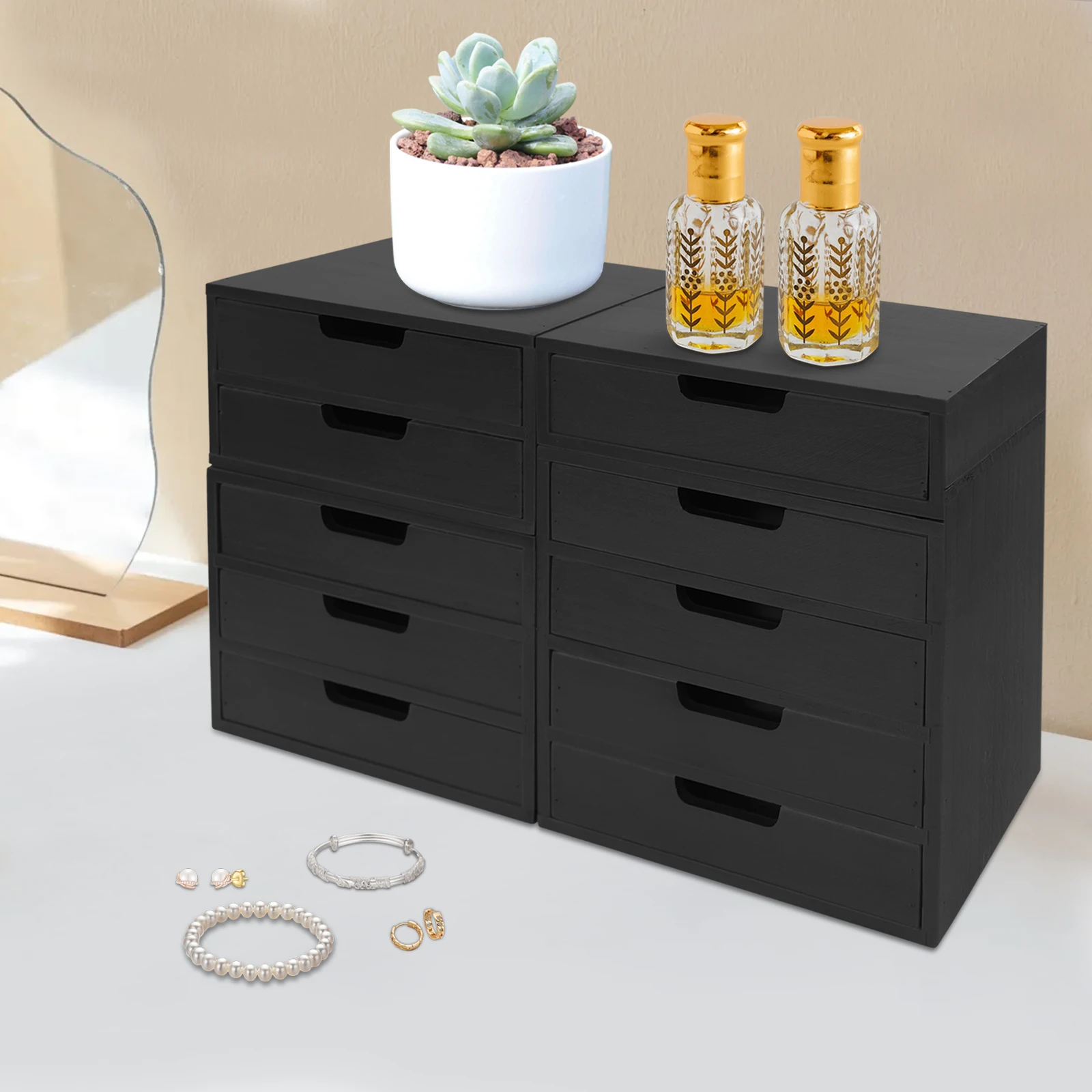 4-Piece Black Wooden Drawer Organizer Set, Spray-Painted Sturdy Construction, Impact & Wear-Resistant For Long-Lasting Use