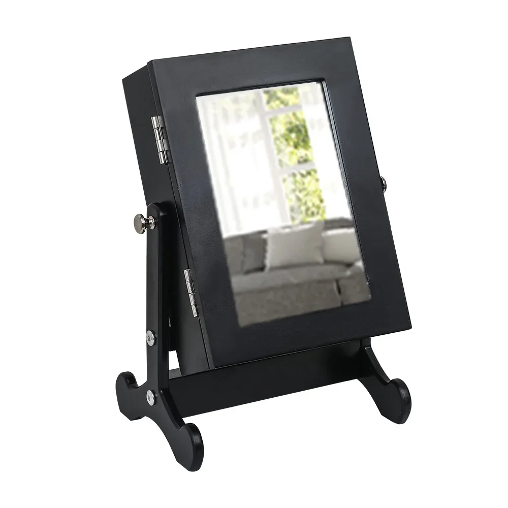 

Small Mirror Jewelry Cabinet Organizer Armoire Storage Box Countertop with Stand Black