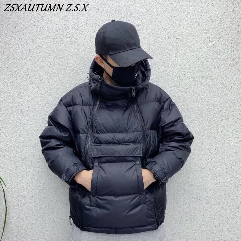 Winter Men Tactics Jacket Hooded Parka Down Cotton Coat Black Double Zipper Pullover Glossy Padded Jackets Casual Warm Outerwear