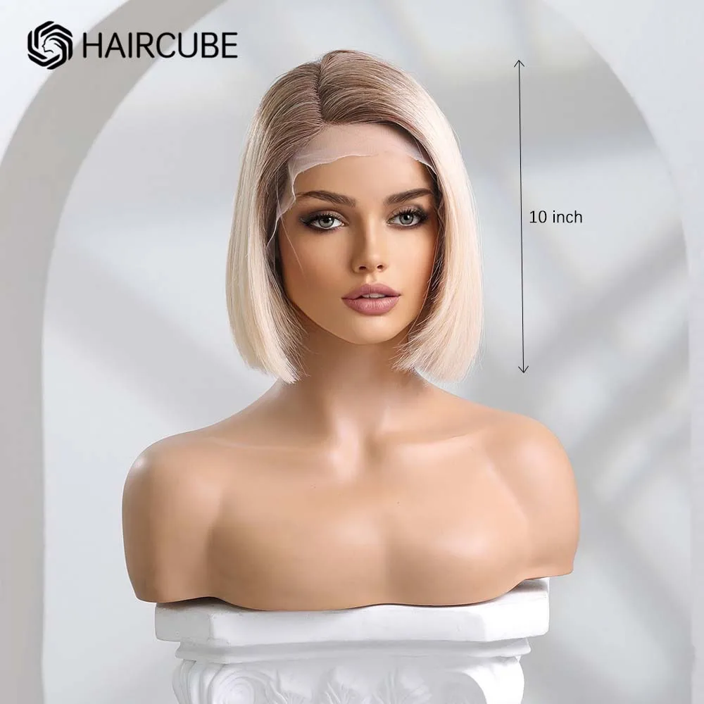 HAIRCUBE-Peluca de cabello humano liso con malla Frontal para mujer, pelo corto Rubio Remy 13x5x1, color ombré, corte Bob