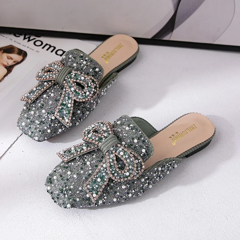 Bling Women Rhinestone Slippers Flat Heel Women Fashion Muller Sandals Female Dress Shoes with Beads Casual Shoes QC1225-2