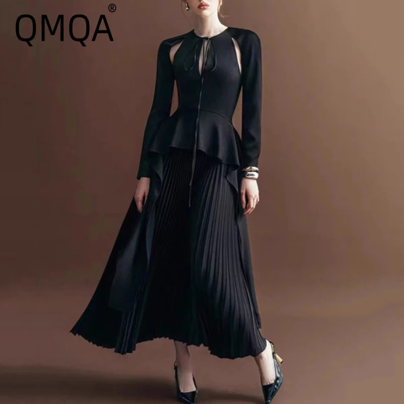 

QMQA модное женское вечернее платье с круглым вырезом и длинным рукавом, ажурный плиссированный подол, лоскутный дизайн, элегантные вечерние платья, новинка 1A569