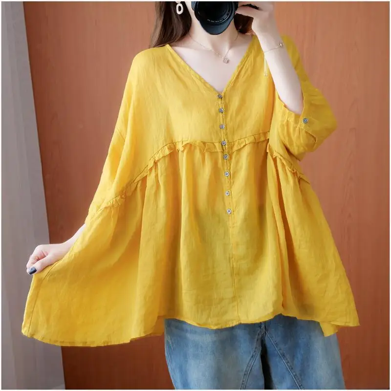 Women Summer Trendy Ruffle Oversized Asymmetrical Blouses Solid V Neck 3/4 Sleeve Cotton Linen Shirts Y2K Streetwear Tops Ropa