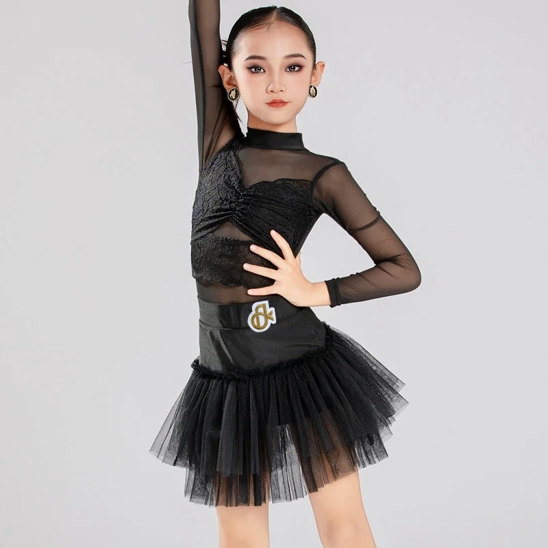 Strój do tańca latynoamerykańskiego dla dziewcząt 2025, kostiumy do występów, odzież do tańca chacha rumba, top z siateczki, spódnica z koronki, strój sceniczny DQL12317