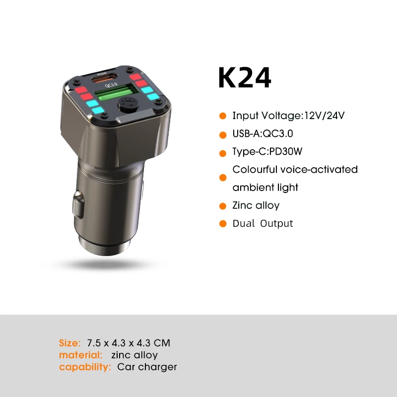 

K24 Car Phone Charger 2 Ports Car Charger Adapter PD/QC3.0 Cell Phone Automobile Chargers for Most Phones 50W Fast Charging Car