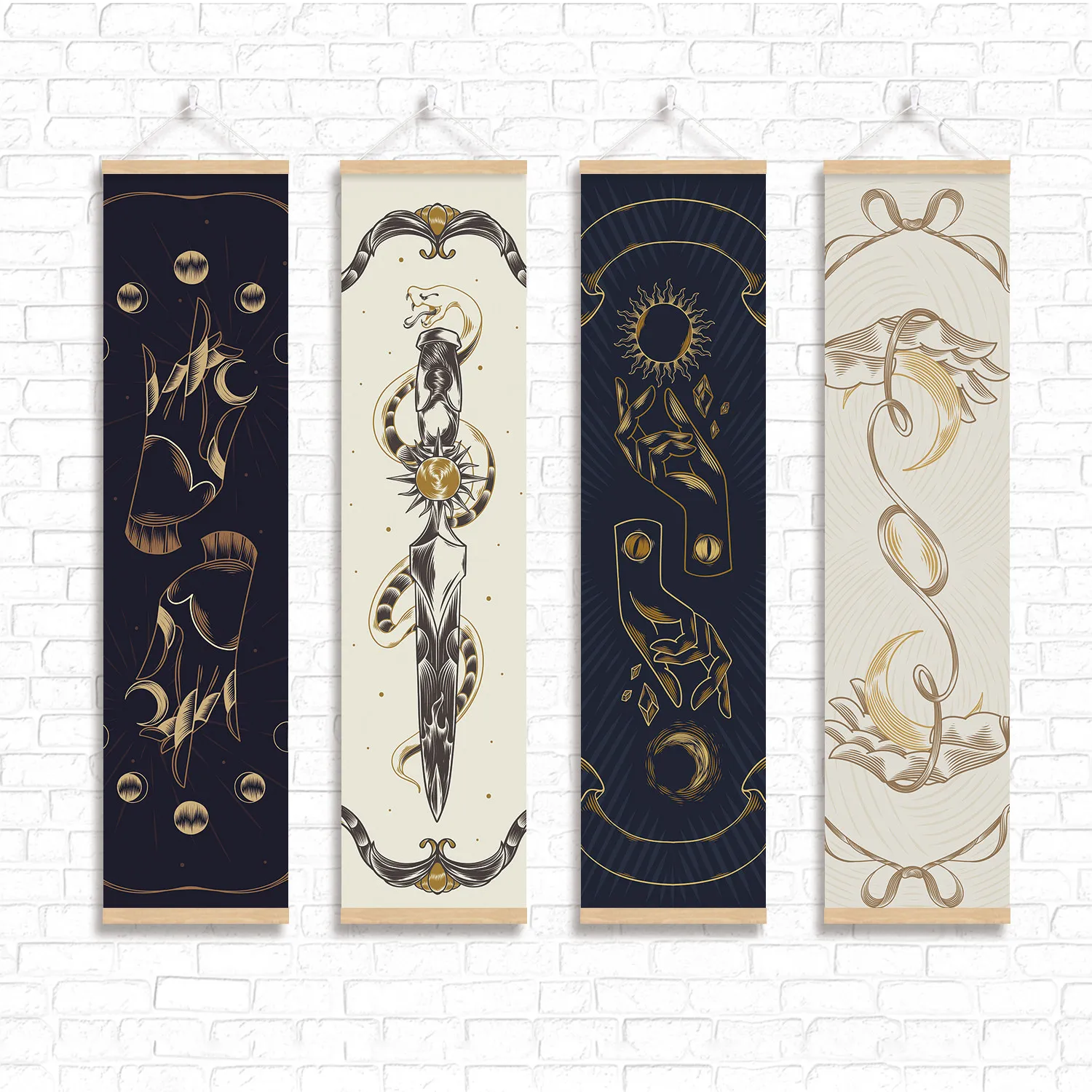 Wall Art Mystical Tarot Sun Moon Celestial Boho Pearlescent Canvas Hanging Scroll with Wooden Rods for Bedroom Reading Corner