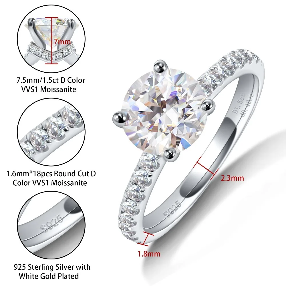 1.5ct Real Moissanite Engagement Ring for Women 925 Sterling Silver Round Cut D Color VVS1 Lab Diamond Wedding Band Fine Jewelry