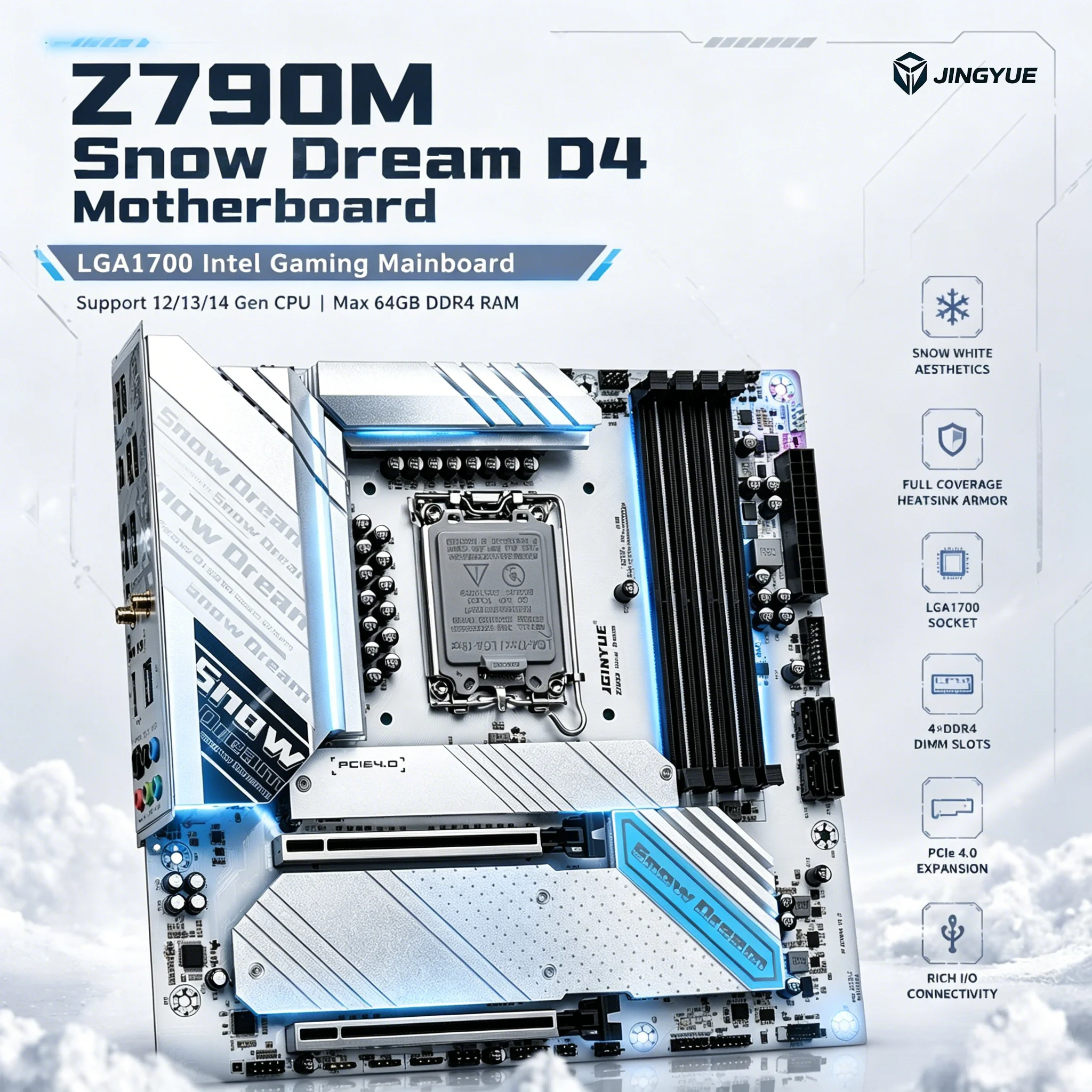 Placa Madre JINGYUE Z790M Snow Dream D4 LGA1700 Compatible CPU Intel 12/13/14 Gen DDR4 PCIe4.0 M.2 Placa Gaming 2.5G