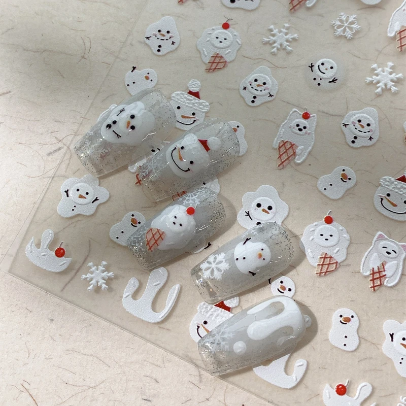 1pcs Embossed Christmas Nail Decal Ice Cream Cone Snowflake Adorable Backing Adhesive Nail Sticker Suitable for All Nail Shapes