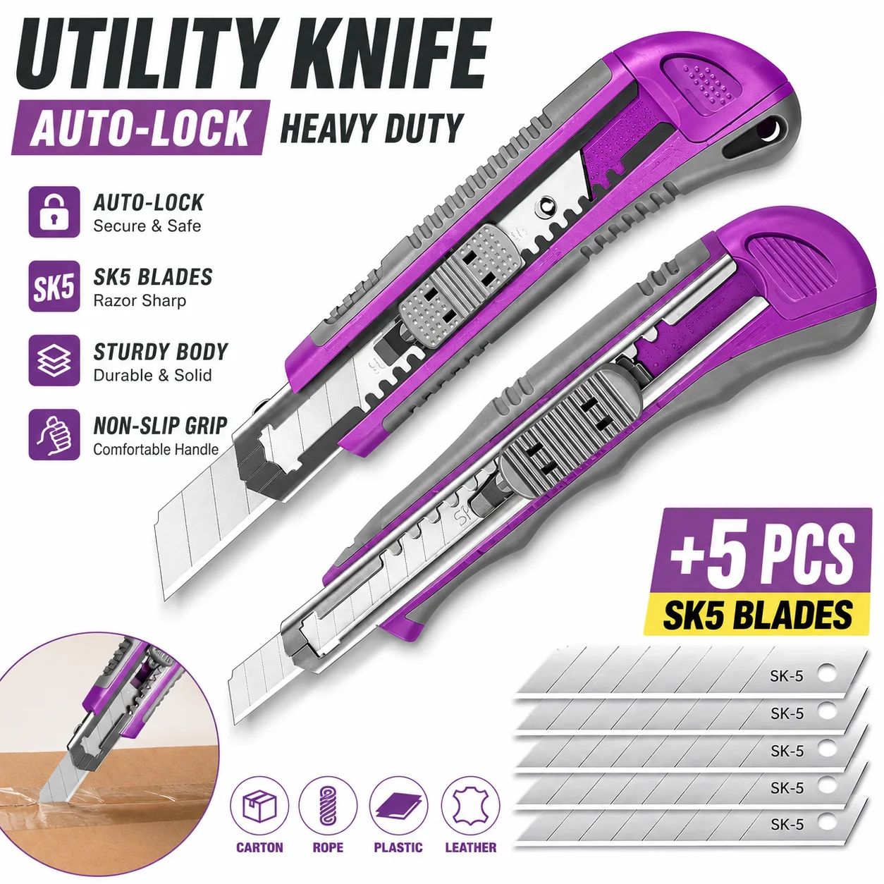 Utility Knife, Box Cutter with Auto-Lock, 5 SK5 Replacement Blades, Razor Knife for Home Improvement, Warehouse, Office and DIY