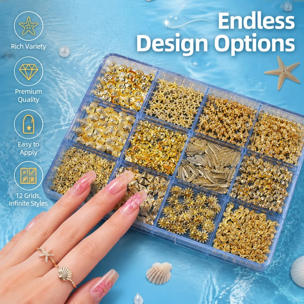 12Grids Ocean Beach Nail Charms Gold Metal Nail Studs Starfish Shell Conch Palm 3D Nail Rivets With Tweezers For Summer Art