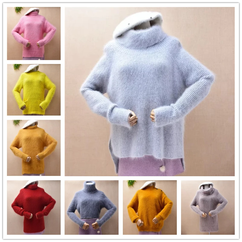 

Высокое качество, женская осенне-зимняя толстая теплая зеленая волосатая норковая кашемировая вязаная водолазка, свободный пуловер, свитер, платье, топ