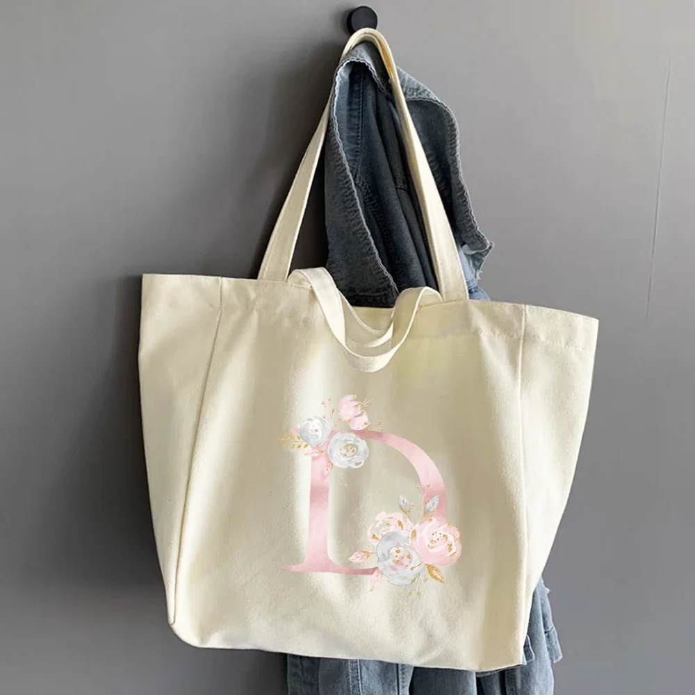 Ladies Shoppers Handbags Large Capacity School Canvas Tote Bags Shopping Bags Pink Flower Letter Series Pattern Shoulder Bags