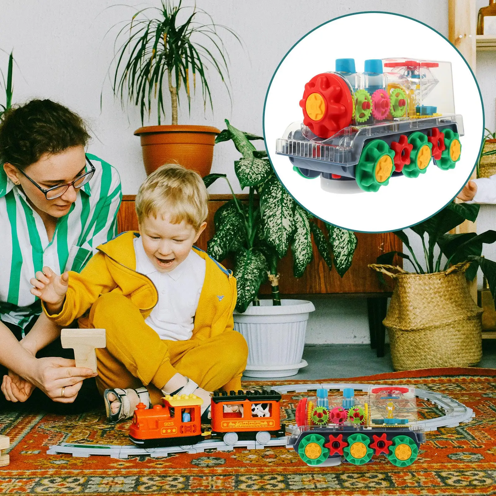 

Battery Operated Electric Train Mechanical Gear Light Up Moving Cars for Toddlers Educational Developmental Fun Play