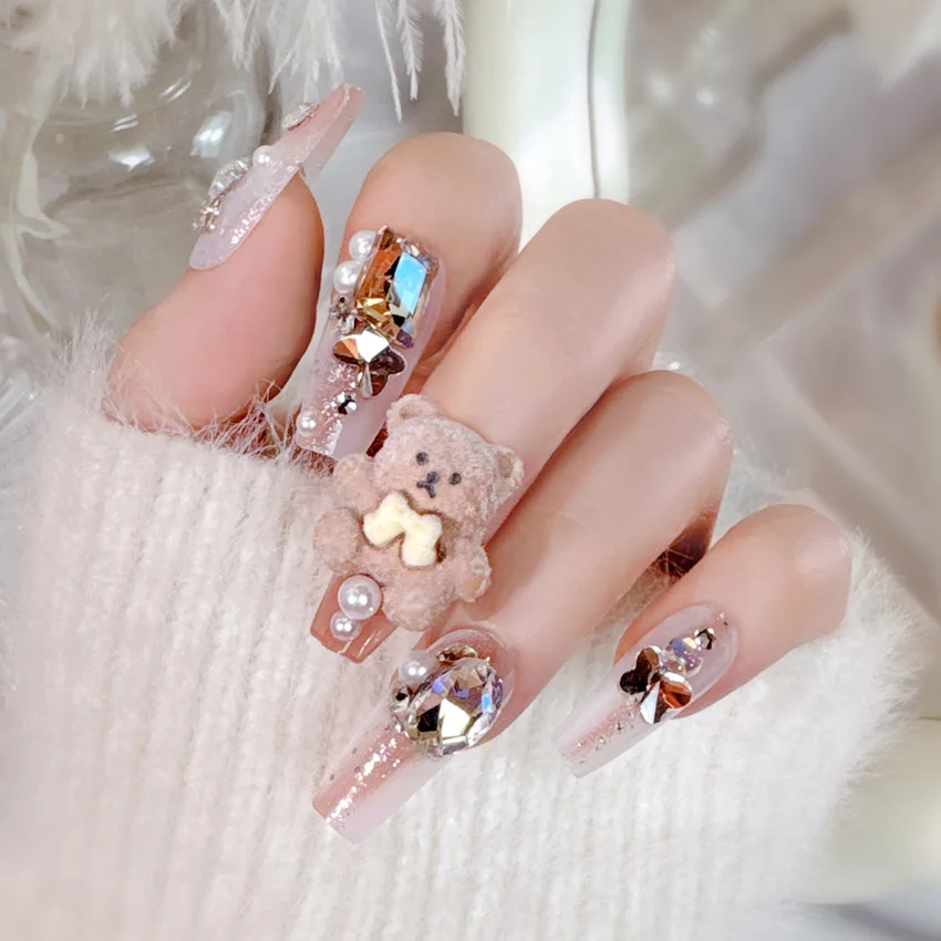 

24pcs Short False Nails with Shiny Crystal Bear Design Korean Fake Nail Tips for Girl Lady Wearable Full Cover Press on Nails