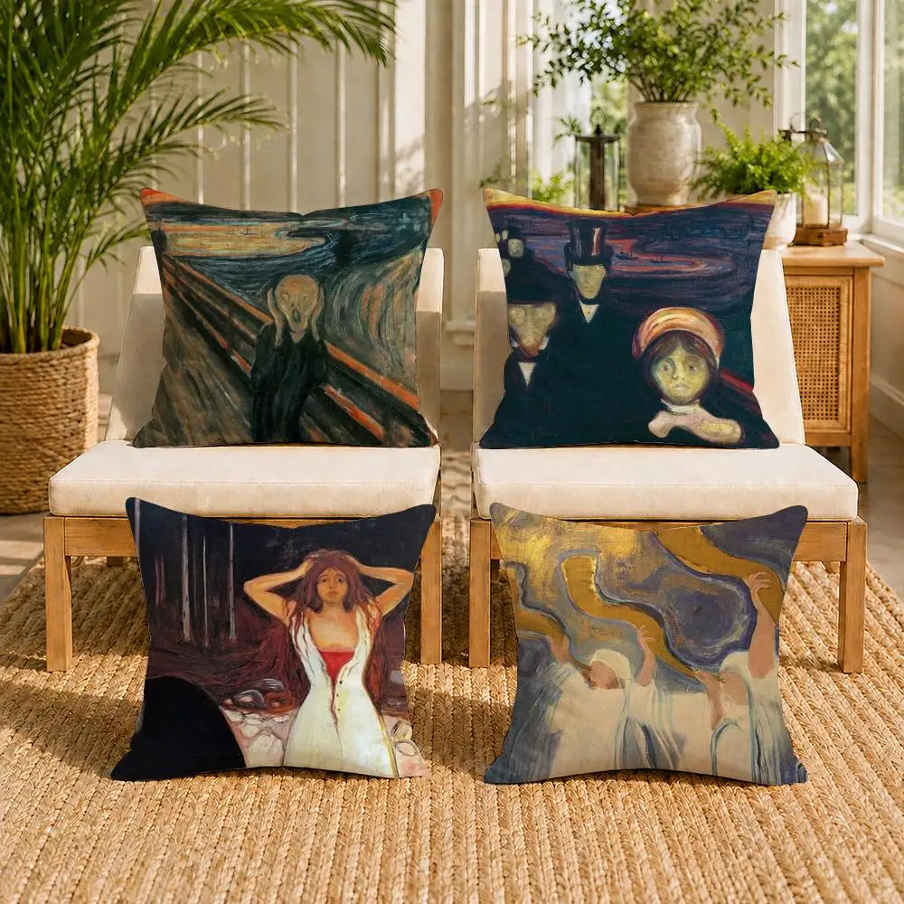 E-Edvard M-Munch Anxiety Cushion Cover Soft Short Plush Double-Sided Printing Home Decor Machine Washable Pillow Case Gift