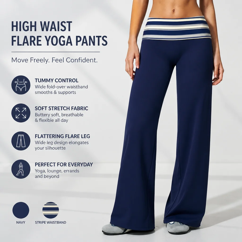 Women's High Waist Fold-Over Flare Yoga Pants with Polka Dot/Striped Waistband Tummy Control Wide Leg Lounge Trousers Soft Stret